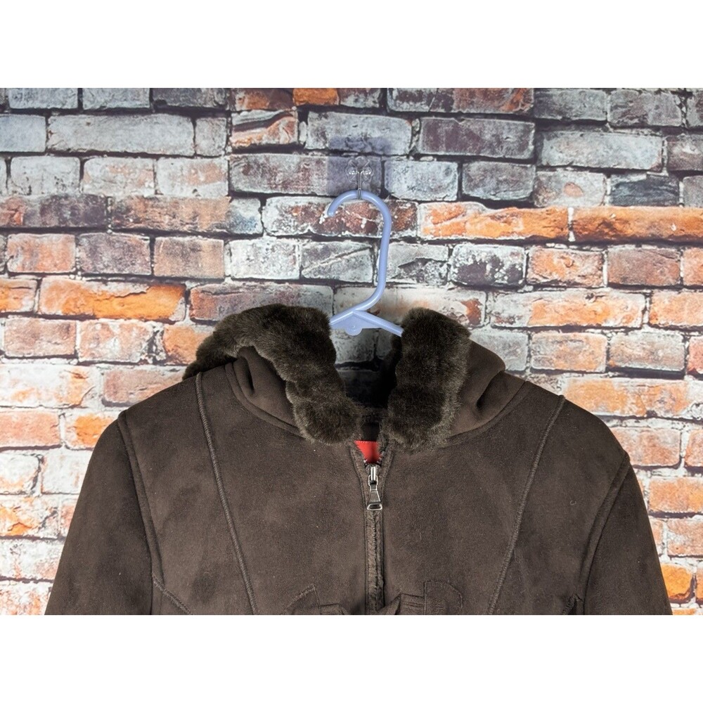ESPRIT Faux Suede Shearling Hooded Toggle Closure Coat Trimmed Sleeve Medium